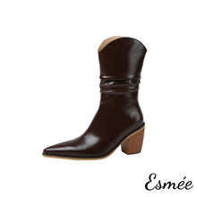 Load image into Gallery viewer, Brown-Shiny-Leather-Cowboy-Mid-Boots-with-Block-Heels-product-shots-white-background