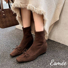 將圖片載入圖庫檢視器 Brown-Suede-Ankle-Boots-with-Bow-Knot-and-Invisible-Increased-Height-Design-model-shots