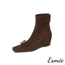 將圖片載入圖庫檢視器 Brown-Suede-Ankle-Boots-with-Bow-Knot-and-Invisible-Increased-Height-Design-product-shots-white-background