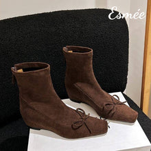 將圖片載入圖庫檢視器 Brown-Suede-Ankle-Boots-with-Bow-Knot-and-Invisible-Increased-Height-Design-product-shots