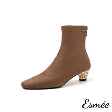將圖片載入圖庫檢視器 Brown-Suede-Ankle-Boots-with-Designed-Heels-product-shots-white-background