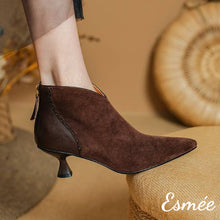 Load image into Gallery viewer, Brown-Suede-Ankle-Boots-with-Leather-Heel-Cap-model-shots