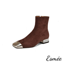 將圖片載入圖庫檢視器 Brown-Suede-Ankle-Boots-with-Metallic-Toe-Cap-and-Rhinestone-Heels-product-shots-white-background