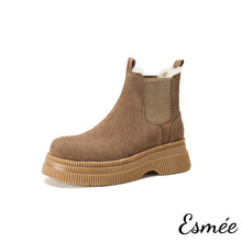 將圖片載入圖庫檢視器 Brown-Suede-Chelsea-Boots-with-Sheep-Hair-Design-product-shots-white-background