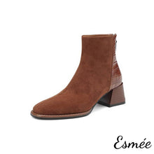 將圖片載入圖庫檢視器 Brown-Suede-High-Heel-Ankle-Boots-with-Alligator-Pattern-Design-product-shots-white-background