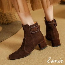 Load image into Gallery viewer, Brown-Suede-High-Heel-Ankle-Boots-with-Buckle-Design-model-shots