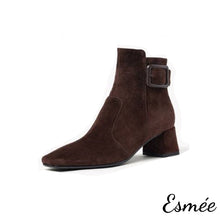 Load image into Gallery viewer, Brown-Suede-High-Heel-Ankle-Boots-with-Buckle-Design-product-shots-white-background