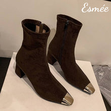 將圖片載入圖庫檢視器 Brown-Suede-High-Heel-Ankle-Boots-with-Metallic-Toe-Cap-product-shots