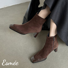 將圖片載入圖庫檢視器 Brown-Suede-High-Heel-Ankle-Boots-with-Patent-Leather-Toe-Cap-model-shots-1