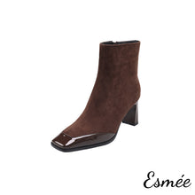 將圖片載入圖庫檢視器 Brown-Suede-High-Heel-Ankle-Boots-with-Patent-Leather-Toe-Cap-product-shots-white-background