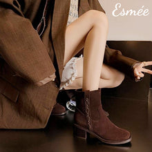 將圖片載入圖庫檢視器 Brown-Suede-High-Heel-Ankle-Boots-with-Side-Embroidery-Design-model-shots