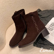 將圖片載入圖庫檢視器 Brown-Suede-High-Heel-Ankle-Boots-with-Side-Embroidery-Design-product-shots