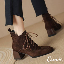 Load image into Gallery viewer, Brown-Suede-High-Heel-Marten-Boots-with-Squared-Toe-Design-model-shots