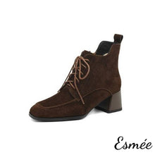 Load image into Gallery viewer, Brown-Suede-High-Heel-Marten-Boots-with-Squared-Toe-Design-product-shots-white-background