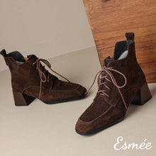 Load image into Gallery viewer, Brown-Suede-High-Heel-Marten-Boots-with-Squared-Toe-Design-product-shots