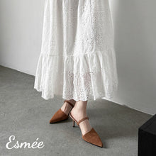 Load image into Gallery viewer, Brown-Suede-High-Heel-Mules-with-Rhinestone-Buckle-model-shots