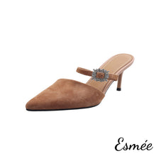 Load image into Gallery viewer, Brown-Suede-High-Heel-Mules-with-Rhinestone-Buckle-product-shots-white-background