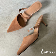 Load image into Gallery viewer, Brown-Suede-High-Heel-Mules-with-Rhinestone-Buckle-product-shots