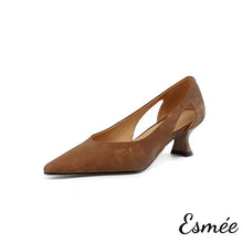 Load image into Gallery viewer, Brown-Suede-High-Heels-with-Special-Cutting-Design-product-shots-white-background