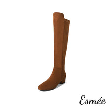 Load image into Gallery viewer, Brown-Suede-Knee-Boots-with-Block-Heels-product-shots-white-background