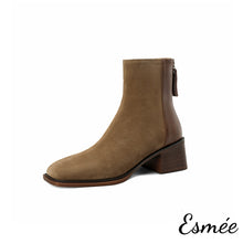 將圖片載入圖庫檢視器 Brown-Suede-Leather-Ankle-Boots-with-Block-Heels-product-shots-white-background