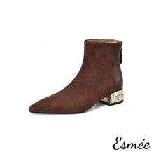 將圖片載入圖庫檢視器 Brown-Suede-Leather-Ankle-Boots-with-Rhinestone-Heels-product-shots-white-background