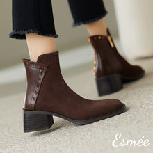 將圖片載入圖庫檢視器 Brown-Suede-Leather-Ankle-Boots-with-Rivets-Design-model-shots