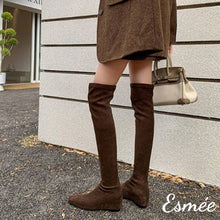 Load image into Gallery viewer, Brown-Suede-Over-Knee-Long-Boots-with-Invisible-Increased-Height-Design-model-shots