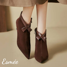 Load image into Gallery viewer, Brown-Suede-Pointed-Toe-Ankle-Boots-with-Leather-Bow-Knot-Design-model-shots