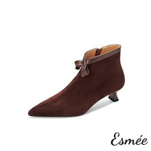 Load image into Gallery viewer, Brown-Suede-Pointed-Toe-Ankle-Boots-with-Leather-Bow-Knot-Design-product-shots-white-background