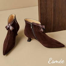Load image into Gallery viewer, Brown-Suede-Pointed-Toe-Ankle-Boots-with-Leather-Bow-Knot-Design-product-shots