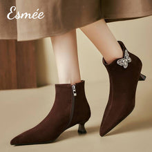 Load image into Gallery viewer, Brown-Suede-Pointed-Toe-Ankle-Boots-with-Rhinestone-Butterfly-Design-model-shots