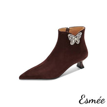 Load image into Gallery viewer, Brown-Suede-Pointed-Toe-Ankle-Boots-with-Rhinestone-Butterfly-Design-product-shots-white-background