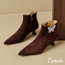 Load image into Gallery viewer, Brown-Suede-Pointed-Toe-Ankle-Boots-with-Rhinestone-Butterfly-Design-product-shots