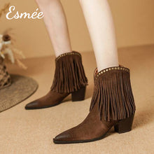Load image into Gallery viewer, Brown-Suede-Riding-Boots-with-Tassel-Design-model-shots