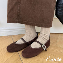 Load image into Gallery viewer, Brown-Suede-Rounded-Toe-Maryjanes-with-Rhinestone-Buckle-Design-model-shots