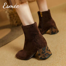 Load image into Gallery viewer, Brown-Suede-Squared-Toe-Ankle-Boots-with-Leopard-Block-Heels-model-shots