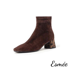 Load image into Gallery viewer, Brown-Suede-Squared-Toe-Ankle-Boots-with-Leopard-Block-Heels-product-shots-white-background