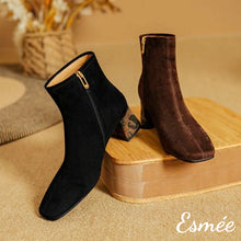 Load image into Gallery viewer, Brown-Suede-Squared-Toe-Ankle-Boots-with-Leopard-Block-Heels-product-shots
