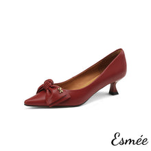 Load image into Gallery viewer, Burgundy-Lambskin-Leather-High-Heels-with-Bow-Knot-Design-product-shots-white-background