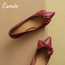 Load image into Gallery viewer, Burgundy-Lambskin-Leather-High-Heels-with-Bow-Knot-Design-product-shots