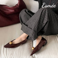 Load image into Gallery viewer, Burgundy-Leather-Flats-with-Golden-Sphere-Design-model-shots