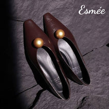 Load image into Gallery viewer, Burgundy-Leather-Flats-with-Golden-Sphere-Design-product-shots