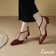Load image into Gallery viewer, Burgundy-Leather-High-Heel-T-Straps-model-shots