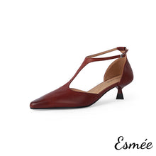 Load image into Gallery viewer, Burgundy-Leather-High-Heel-T-Straps-product-shots-white-background