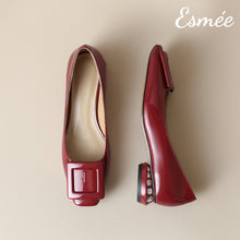 Load image into Gallery viewer, Burgundy-Patent-Leather-Low-Heels-with-Square-Buckle-and-Diamond-Heels-product-shots