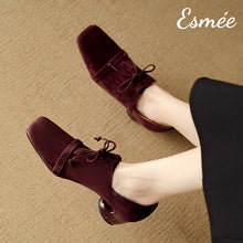 Load image into Gallery viewer, Burgundy-Suede-High-Heel-Oxford-Shoes-woth-Squared-Toe-Design-model-shots