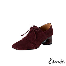 Load image into Gallery viewer, Burgundy-Suede-High-Heel-Oxford-Shoes-woth-Squared-Toe-Design-product-shots-white-background