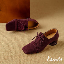 Load image into Gallery viewer, Burgundy-Suede-High-Heel-Oxford-Shoes-woth-Squared-Toe-Design-product-shots
