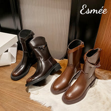 Load image into Gallery viewer, Calfskin-Leather-Mid-Boots-with-Metal-Lock-Buckle-product-shots